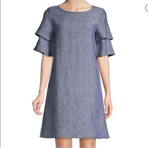 Lord & Taylor 100% Linen Flutter Short Sleeve Midi Dress Relaxed Fit Small Blue